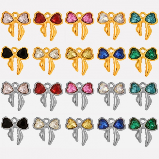 Picture of 2 PCs 304 Stainless Steel & Rhinestone Clothes Charms Bowknot 18mm x 18mm