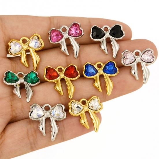 Picture of 2 PCs 304 Stainless Steel & Rhinestone Clothes Charms Bowknot 18mm x 18mm