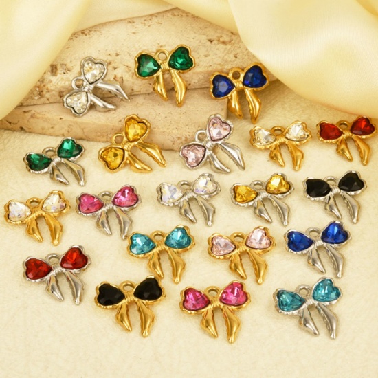 Picture of 2 PCs 304 Stainless Steel & Rhinestone Clothes Charms Bowknot 18mm x 18mm