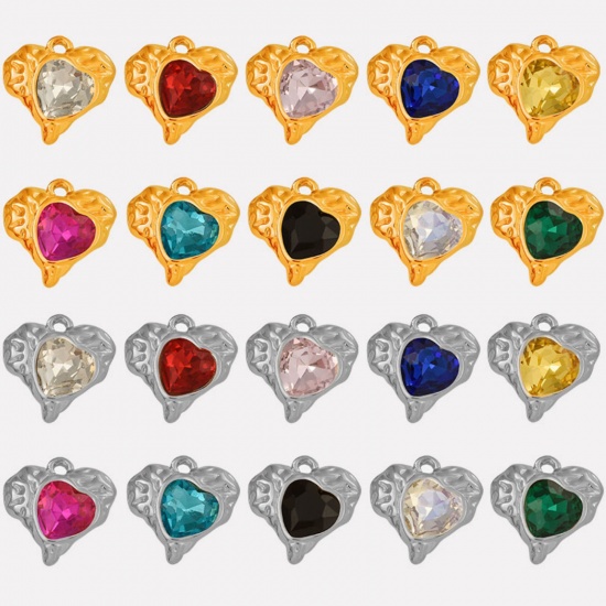 Imagen de 2 PCs 304 Stainless Steel & Rhinestone Valentine's Day Charms Silver Tone Heart Texture 16mm x 16mm