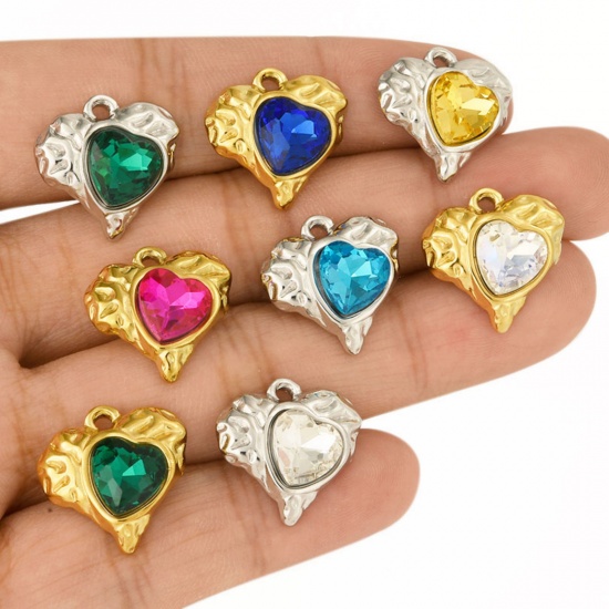 Imagen de 2 PCs 304 Stainless Steel & Rhinestone Valentine's Day Charms Silver Tone Heart Texture 16mm x 16mm