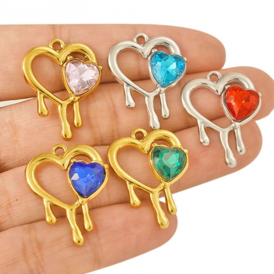 Imagen de 2 PCs 304 Stainless Steel & Rhinestone Valentine's Day Charms Silver Tone Heart Heart Hollow 25mm x 20mm