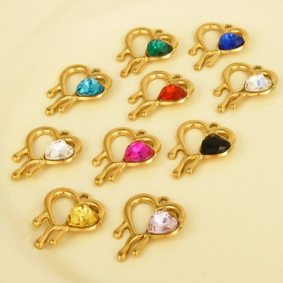 Imagen de 2 PCs 304 Stainless Steel & Rhinestone Valentine's Day Charms Silver Tone Heart Heart Hollow 25mm x 20mm