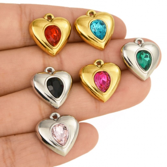 Imagen de 2 Unidades 304 Acero Inoxidable día de San Valentín Colgantes Corazón Multicolor Rhinestone 17mm x 16mm