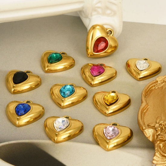 Imagen de 2 Unidades 304 Acero Inoxidable día de San Valentín Colgantes Corazón Multicolor Rhinestone 17mm x 16mm