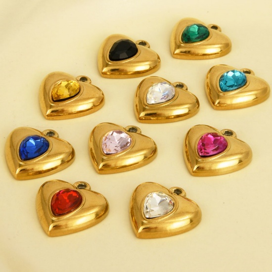 Imagen de 2 Unidades 304 Acero Inoxidable día de San Valentín Colgantes Corazón Multicolor Rhinestone 17mm x 16mm