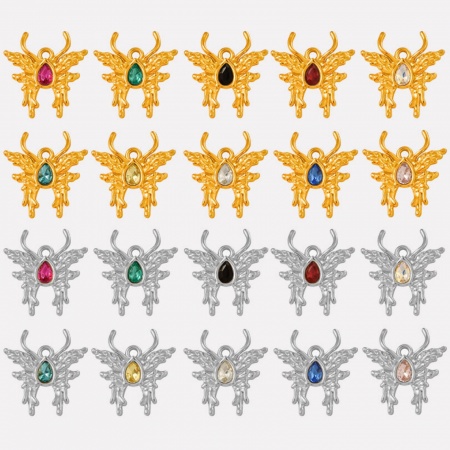 304 Stainless Steel Insect Charms Butterfly Animal Multicolor Rhinestone 24mm x 22mm