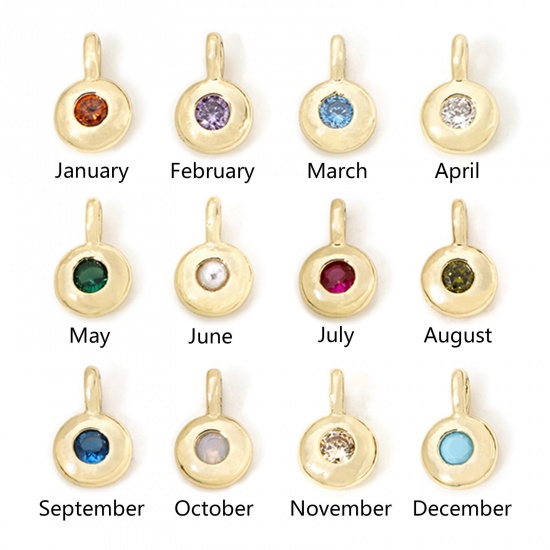 Imagen de 2 Unidades Latón piedra del zodíaco Colgantes Chapado en Oro de 18K Ronda Multicolor Circón Artificial 8.5mm x 5.5mm