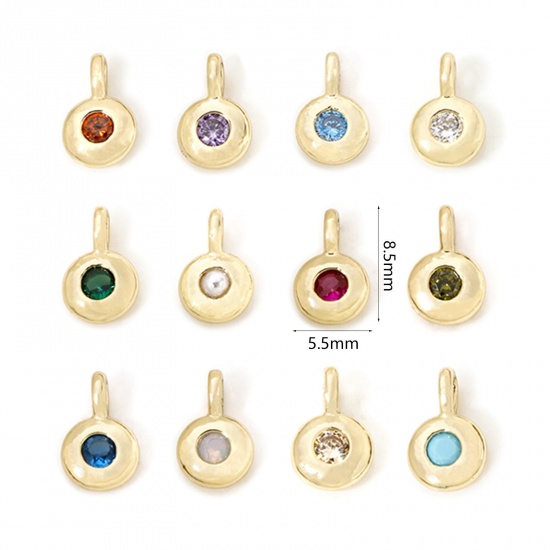 Imagen de 2 Unidades Latón piedra del zodíaco Colgantes Chapado en Oro de 18K Ronda Multicolor Circón Artificial 8.5mm x 5.5mm