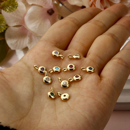 Imagen de 2 Unidades Latón piedra del zodíaco Colgantes Chapado en Oro de 18K Ronda Multicolor Circón Artificial 8.5mm x 5.5mm