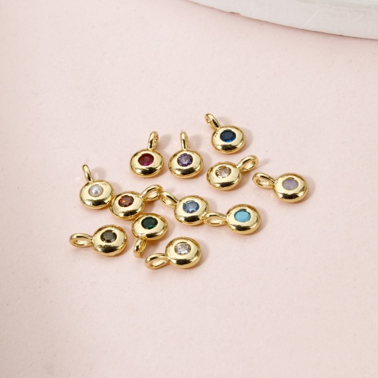 Imagen de 2 Unidades Latón piedra del zodíaco Colgantes Chapado en Oro de 18K Ronda Multicolor Circón Artificial 8.5mm x 5.5mm