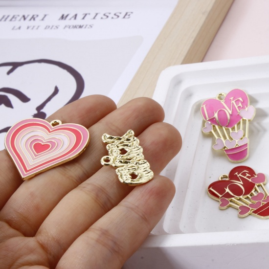 Picture of 20 PCs Zinc Based Alloy Valentine's Day Charms Gold Plated Multicolor Enamel