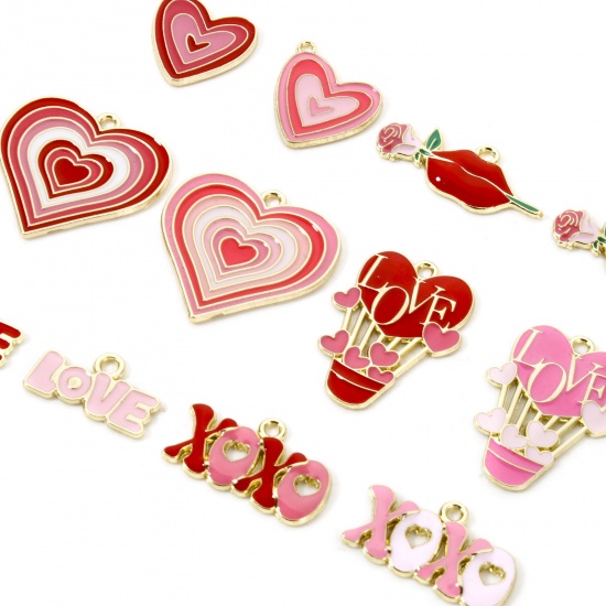 Picture of 20 PCs Zinc Based Alloy Valentine's Day Charms Gold Plated Multicolor Enamel