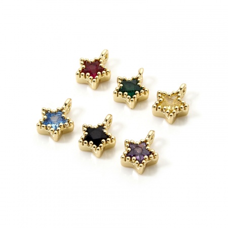 Brass Galaxy Charms 18K Gold Plated Pentagram Star Multicolour Cubic Zirconia 8mm x 6mm