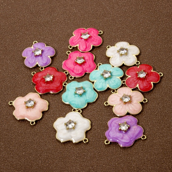 Изображение 1 Piece Eco-friendly Brass Connectors Charms Pendants 18K Real Gold Plated Multicolor Pearlized Flower Enamel Clear Cubic Zirconia