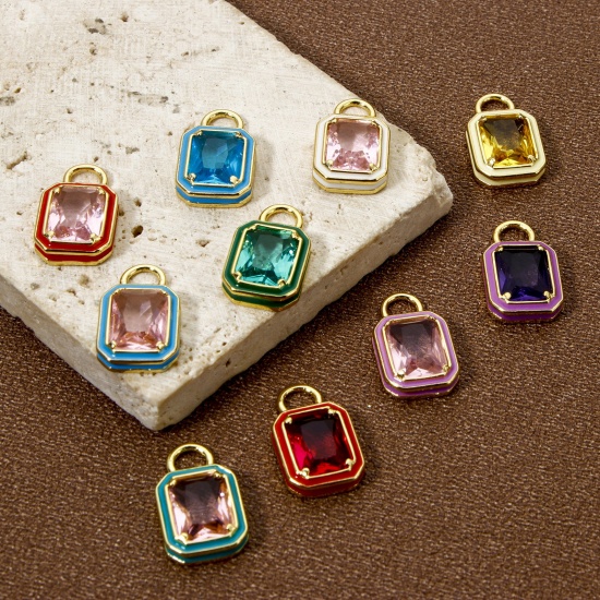 Picture of Eco-friendly Brass Charms 18K Real Gold Plated Octagon Enamel Multicolor Rhinestone 15.5mm x 9mm