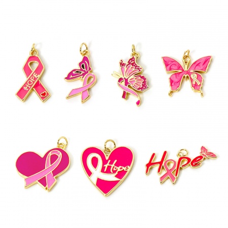 1 Piece Eco-friendly Brass Breast Cancer Awareness Pink Ribbon Theme Charms 18K Real Gold Plated Enamel