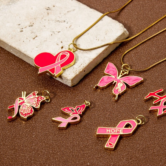 Imagen de 1 Piece Eco-friendly Brass Breast Cancer Awareness Pink Ribbon Theme Charms 18K Real Gold Plated Enamel