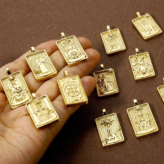 Imagen de 1 Piece Eco-friendly Brass Tarot Pendants 18K Real Gold Plated Rectangle Double Sided 3cm x 1.5cm