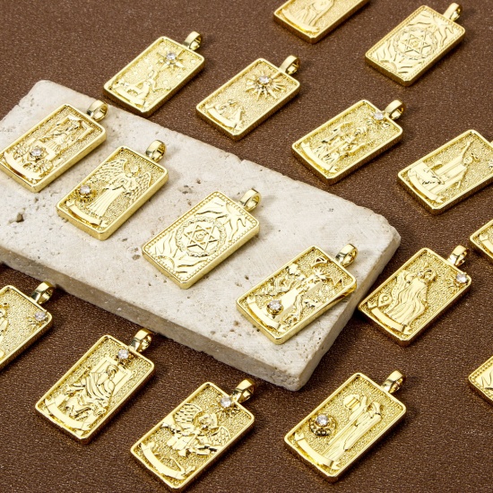 Imagen de 1 Piece Eco-friendly Brass Tarot Pendants 18K Real Gold Plated Rectangle Double Sided 3cm x 1.5cm