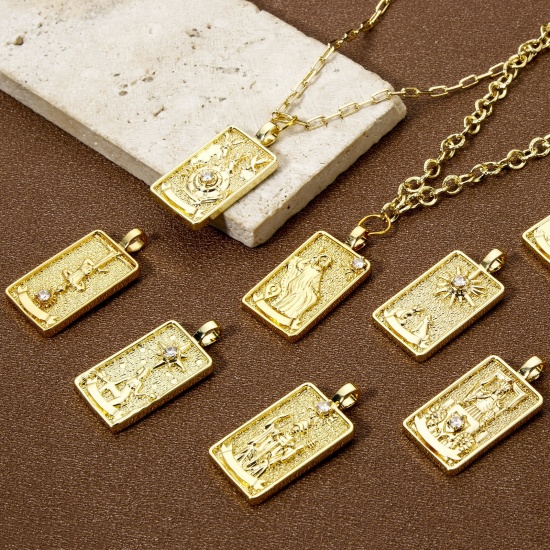 Imagen de 1 Piece Eco-friendly Brass Tarot Pendants 18K Real Gold Plated Rectangle Double Sided 3cm x 1.5cm