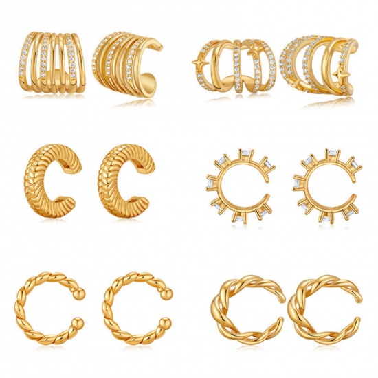 Image de 1 Paire Boucles d'Oreille pour Cartilage Simple en Laiton Respectueux de la Nature À la Mode Forme de C Texture Plaqué Or Véritable 18K Pour Femmes