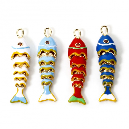 Picture of 1 Piece Eco-friendly Brass Ocean Jewelry Pendants 18K Real Gold Plated Fish Animal Movable Enamel 3D 4.1cm x 1cm