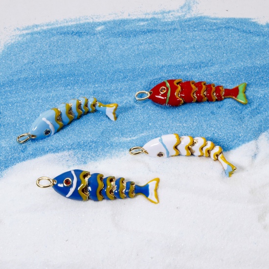 Picture of 1 Piece Eco-friendly Brass Ocean Jewelry Pendants 18K Real Gold Plated Fish Animal Movable Enamel 3D 4.1cm x 1cm