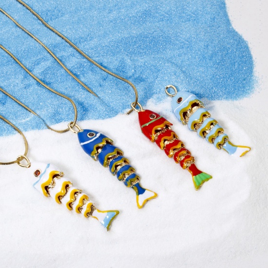 Picture of 1 Piece Eco-friendly Brass Ocean Jewelry Pendants 18K Real Gold Plated Fish Animal Movable Enamel 3D 4.1cm x 1cm