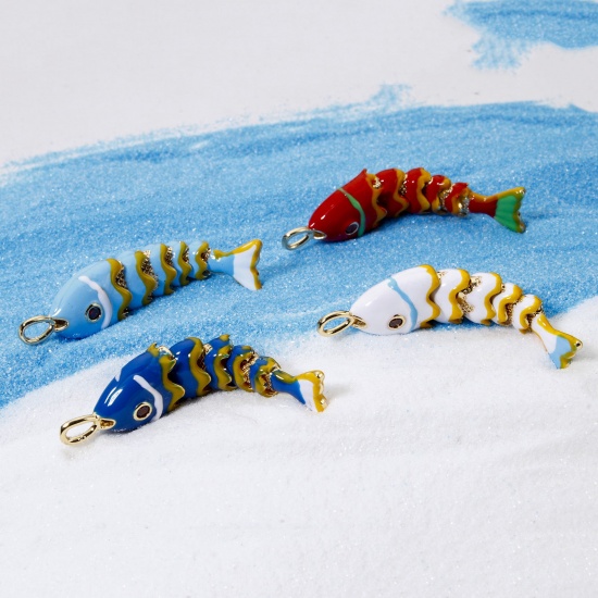 Picture of 1 Piece Eco-friendly Brass Ocean Jewelry Pendants 18K Real Gold Plated Fish Animal Movable Enamel 3D 4.1cm x 1cm