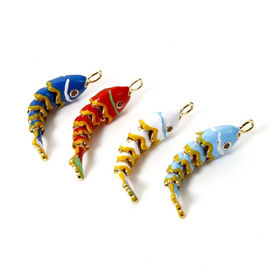 Picture of 1 Piece Eco-friendly Brass Ocean Jewelry Pendants 18K Real Gold Plated Fish Animal Movable Enamel 3D 4.1cm x 1cm