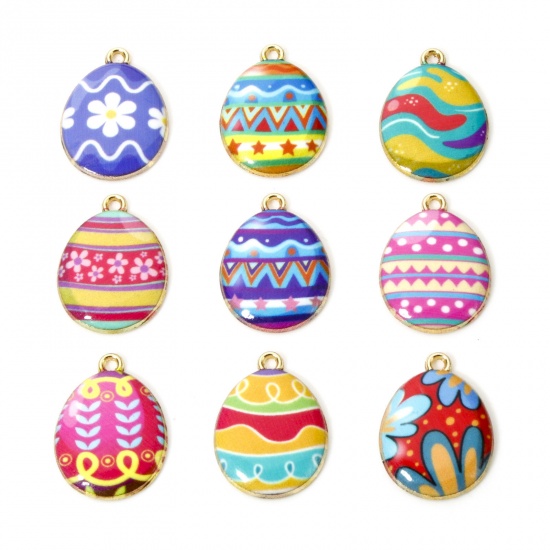 Image de 10 PCs Zinc Based Alloy Easter Day Charms Gold Plated Multicolor Egg Enamel 23mm x 17mm