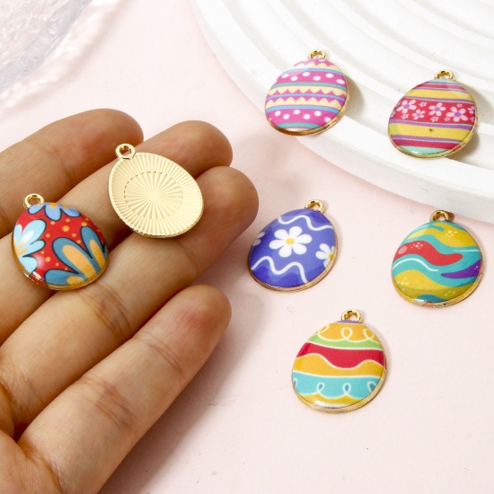 Image de 10 PCs Zinc Based Alloy Easter Day Charms Gold Plated Multicolor Egg Enamel 23mm x 17mm