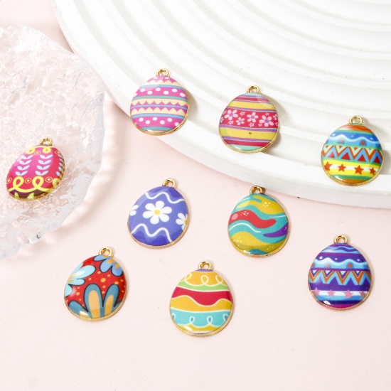 Image de 10 PCs Zinc Based Alloy Easter Day Charms Gold Plated Multicolor Egg Enamel 23mm x 17mm