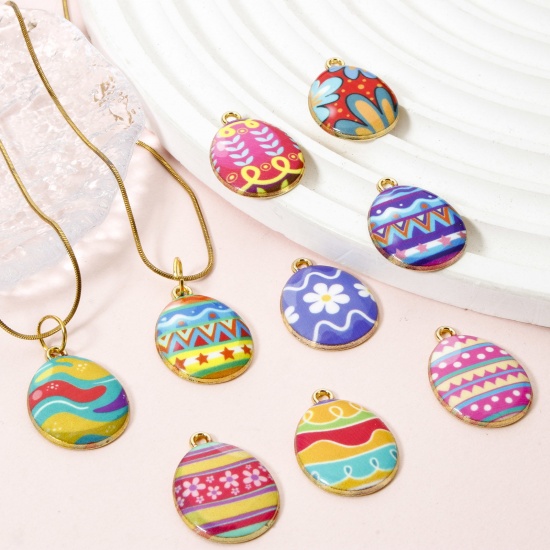 Image de 10 PCs Zinc Based Alloy Easter Day Charms Gold Plated Multicolor Egg Enamel 23mm x 17mm