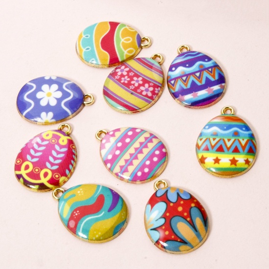 Image de 10 PCs Zinc Based Alloy Easter Day Charms Gold Plated Multicolor Egg Enamel 23mm x 17mm