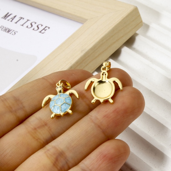 Bild von Umweltfreundlich Messing Ozean Schmuck Charm-Anhänger 18K Echtgold plattiert Schildkröte Emaille 22mm x 15mm