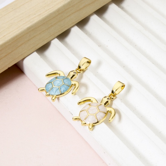Bild von Umweltfreundlich Messing Ozean Schmuck Charm-Anhänger 18K Echtgold plattiert Schildkröte Emaille 22mm x 15mm