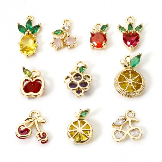 Picture of 2 PCs Brass Charms 18K Real Gold Plated Fruit Multicolor Rhinestone