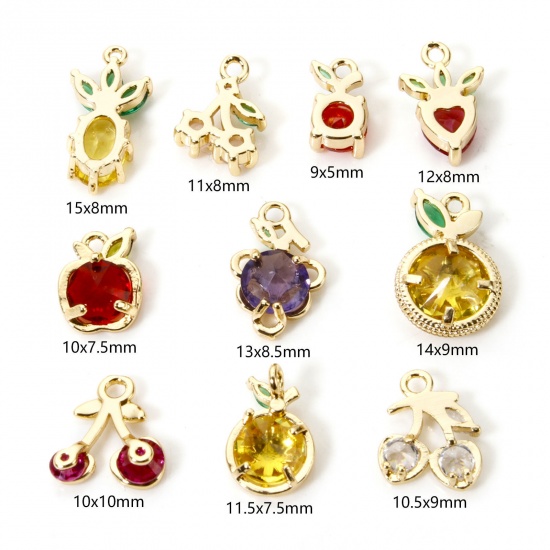 Picture of 2 PCs Brass Charms 18K Real Gold Plated Fruit Multicolor Rhinestone