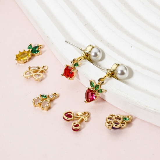 Picture of 2 PCs Brass Charms 18K Real Gold Plated Fruit Multicolor Rhinestone