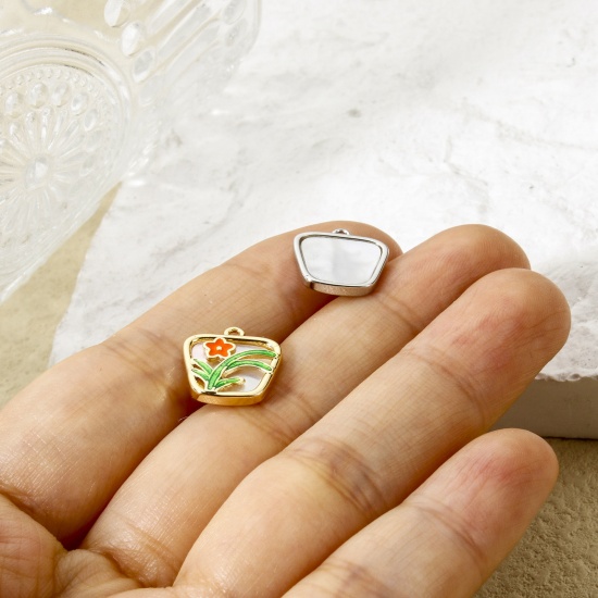 Picture of Natural Shell & Brass Charms Multicolor Green & Orange Trapezoid Flower Enamel 12.5mm x 12mm
