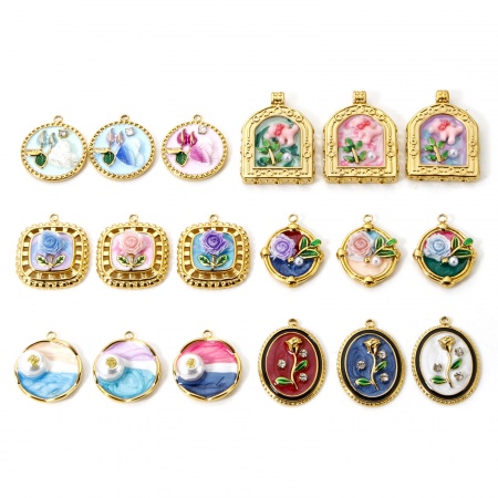 1 Piece Eco-friendly PVD Vacuum Plating 304 Stainless Steel Oil Painting Style Charms 18K Real Gold Plated Round Disc Flower Enamel