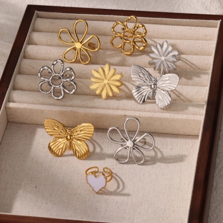 Stilvoll Pastoraler Stil 304 Edelstahl Offen Blumen Schmetterling Ring Für Frauen