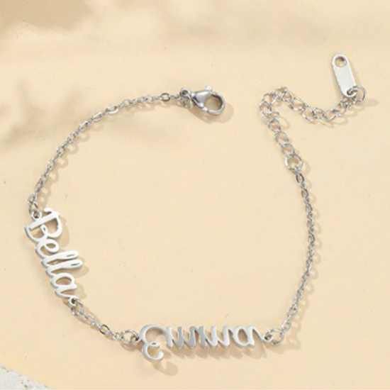 Picture of 1 Piece 304 Stainless Steel Customized Name Bracelets Personalized Letter Charm Pendant 18cm(7.1") long