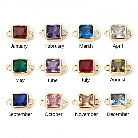 Eco-friendly Brass Birthstone Connectors Charms Pendants 18K Real Gold Plated Square Multicolour Cubic Zirconia 12mm x 7mm