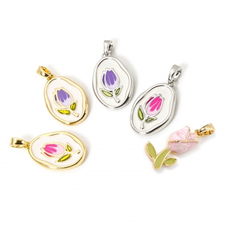 Eco-friendly Brass Charm Pendant Real Gold Plated Enamel Oval Tulip Flower Enamel