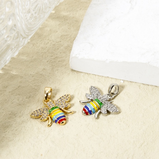 Imagen de 1 Unidad Respetuoso del Medio Ambiente Latón Insecto Colgantes Charms Oro Real Chapado Multicolor Esmalte Abejas Claro Circón Artificial 21mm x 19mm