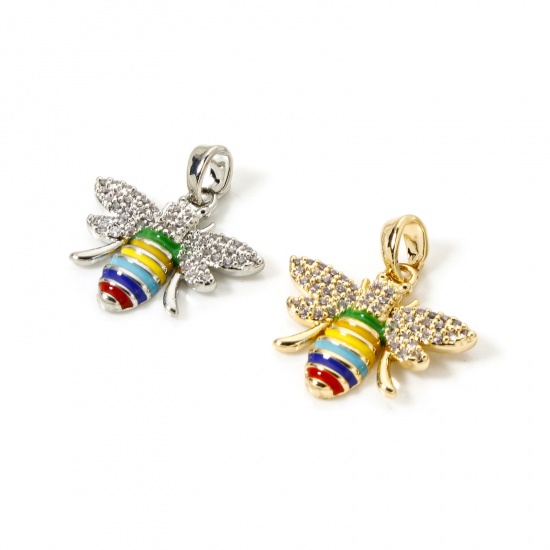 Imagen de 1 Unidad Respetuoso del Medio Ambiente Latón Insecto Colgantes Charms Oro Real Chapado Multicolor Esmalte Abejas Claro Circón Artificial 21mm x 19mm