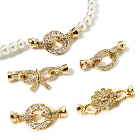 Brass Fold Over Clasps Bowknot Flower 18K Gold Plated Clear Cubic Zirconia